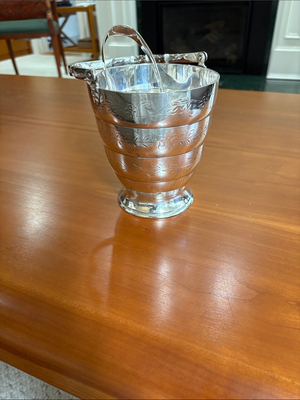 Antique Silver plated Ice Bucket with Handle . Comes with silver plated tongs.